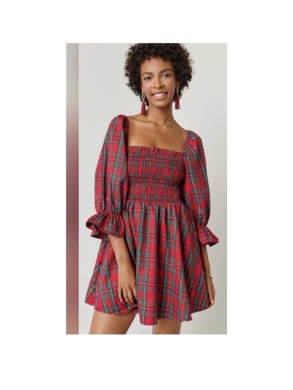 Francesca's Collections Red Plaid Smocked Midi Dress